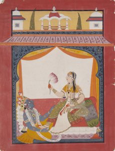 Krishna masseert de voeten van Radha, een scène mogelijk uit de Gita Govinda door Punjab Hills